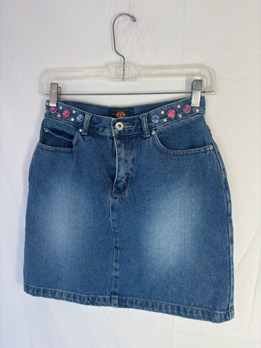 Y2K Route 66 Denim Mini Skirt Gemstone Waistline Western Bratz Size XS